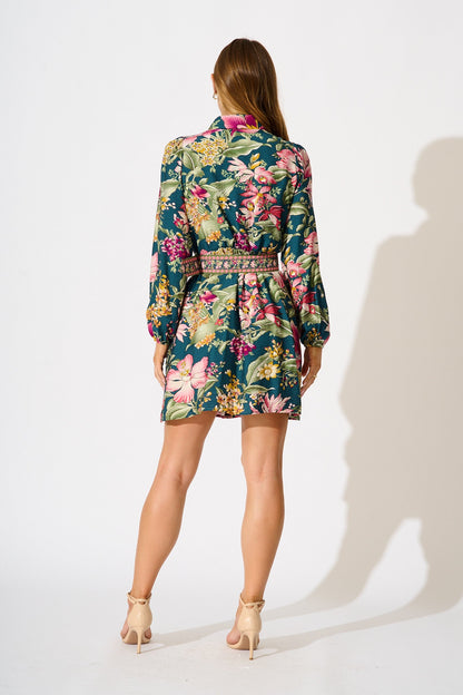 Charlene Shirt Dress in Green with Multi Floral