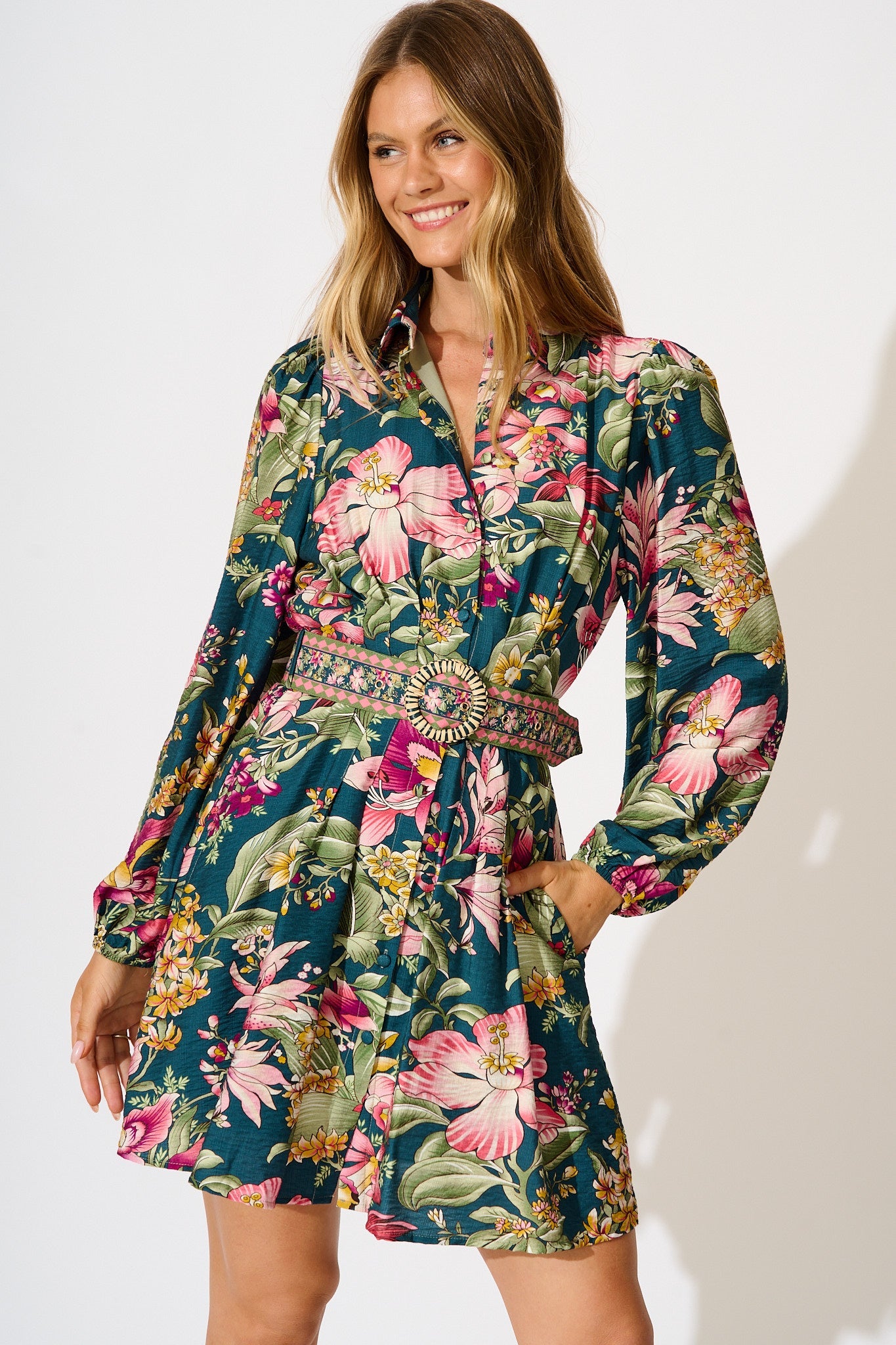 Charlene Shirt Dress in Green with Multi Floral