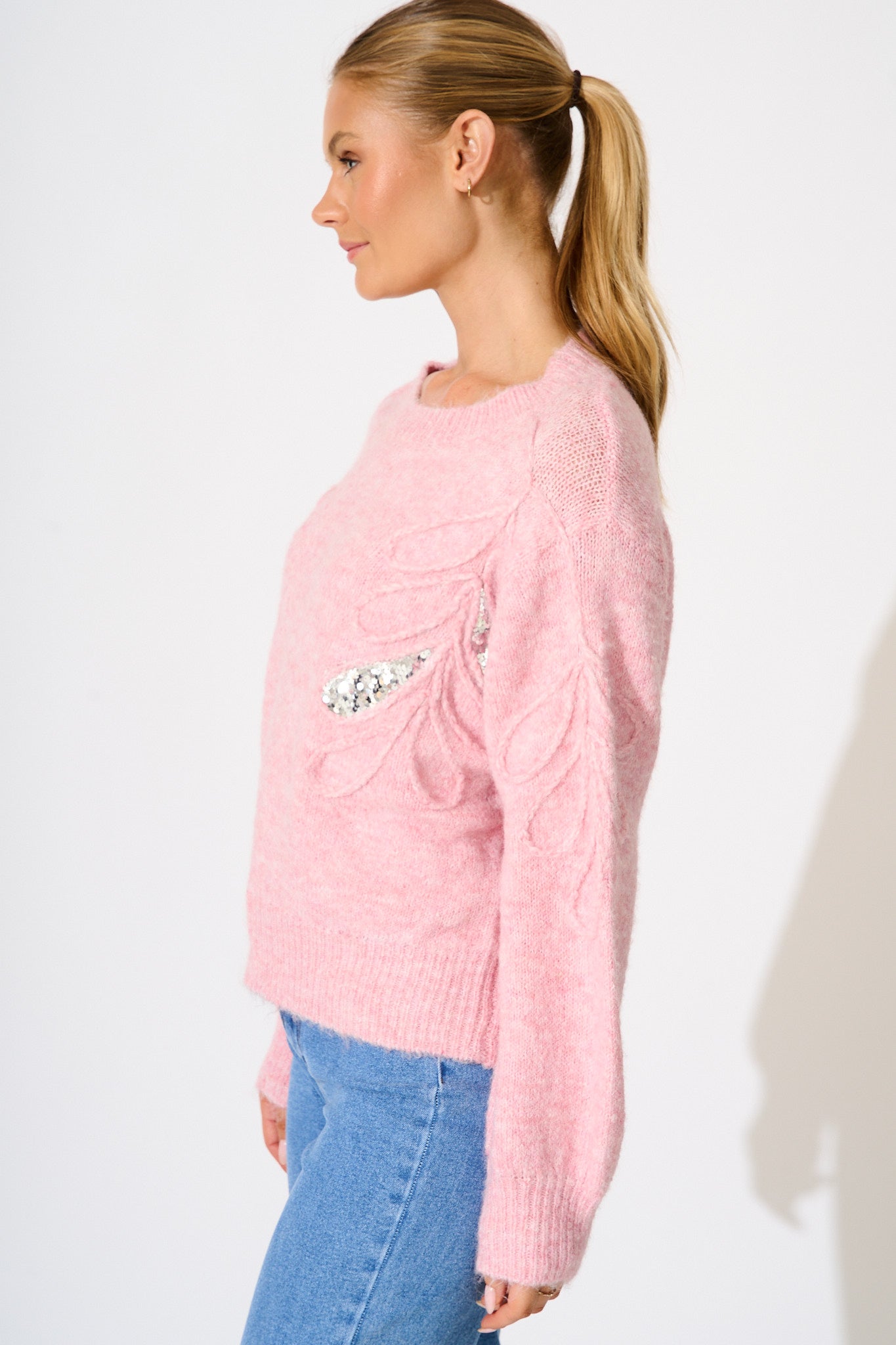 Gemma Knit in Pink Marle with Silver Sequin Wool Blend
