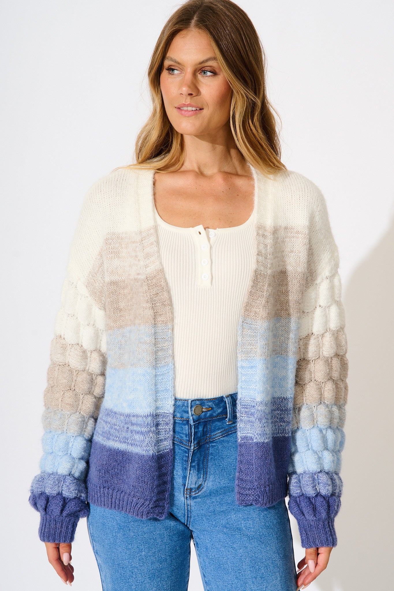 Darbie Knit Cardigan in Blue with Grey Stripe Wool Blend