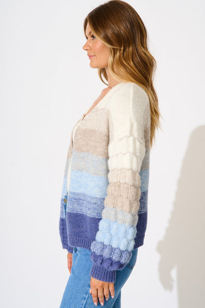 Darbie Knit Cardigan in Blue with Grey Stripe Wool Blend