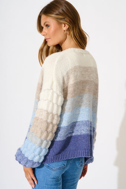 Darbie Knit Cardigan in Blue with Grey Stripe Wool Blend