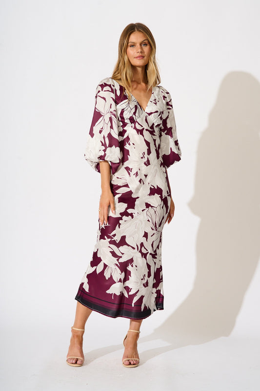 Petal Maxi Dress in Plum and White Floral