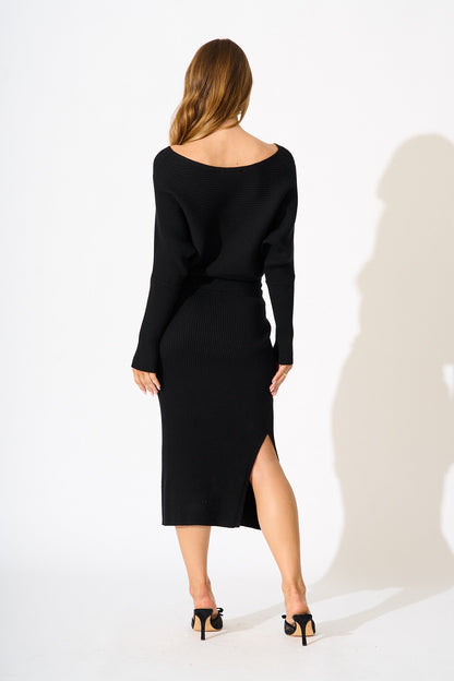 Kassia Off Shoulder Midi Knit Dress in Black