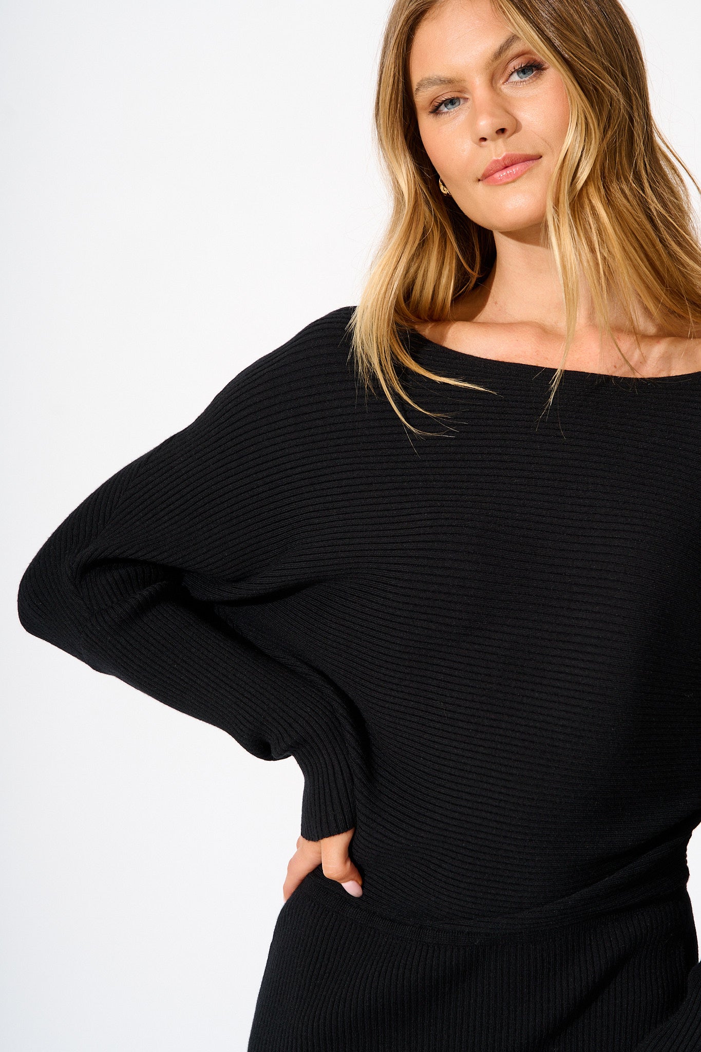 Kassia Off Shoulder Midi Knit Dress in Black