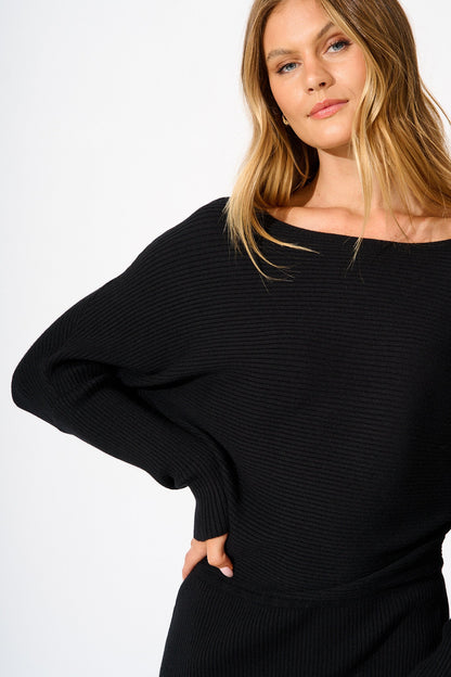 Kassia Off Shoulder Midi Knit Dress in Black