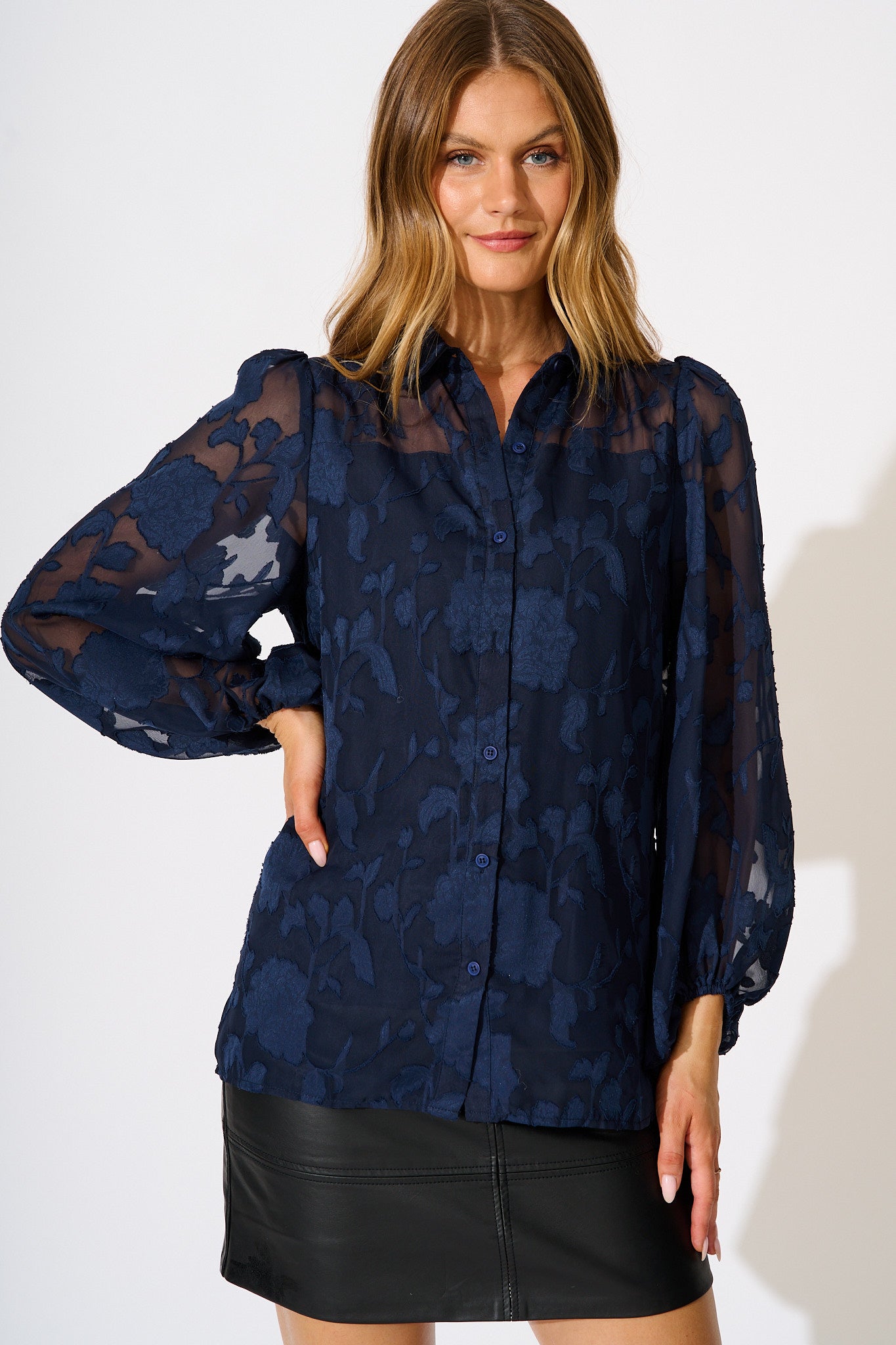 Celestial Shirt in Navy Floral Burnout Chiffon