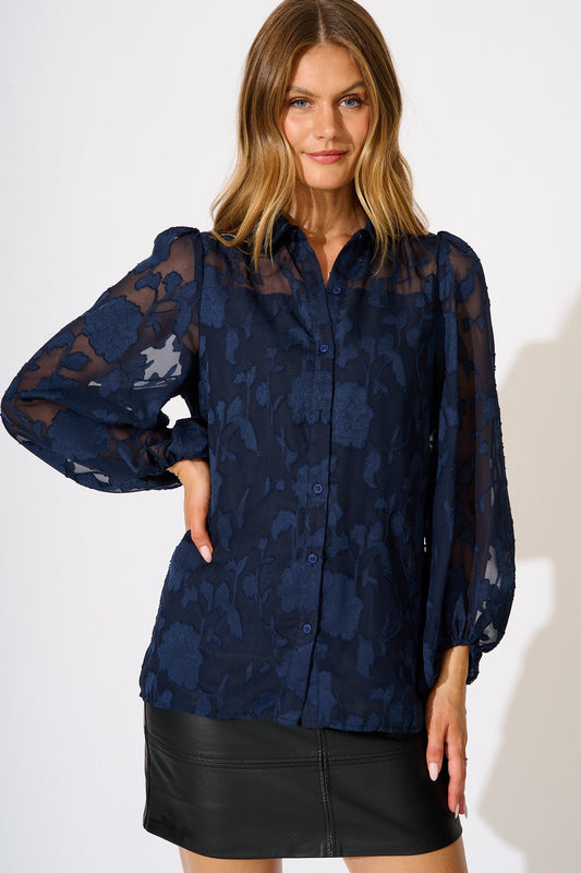Celestial Shirt in Navy Floral Burnout Chiffon