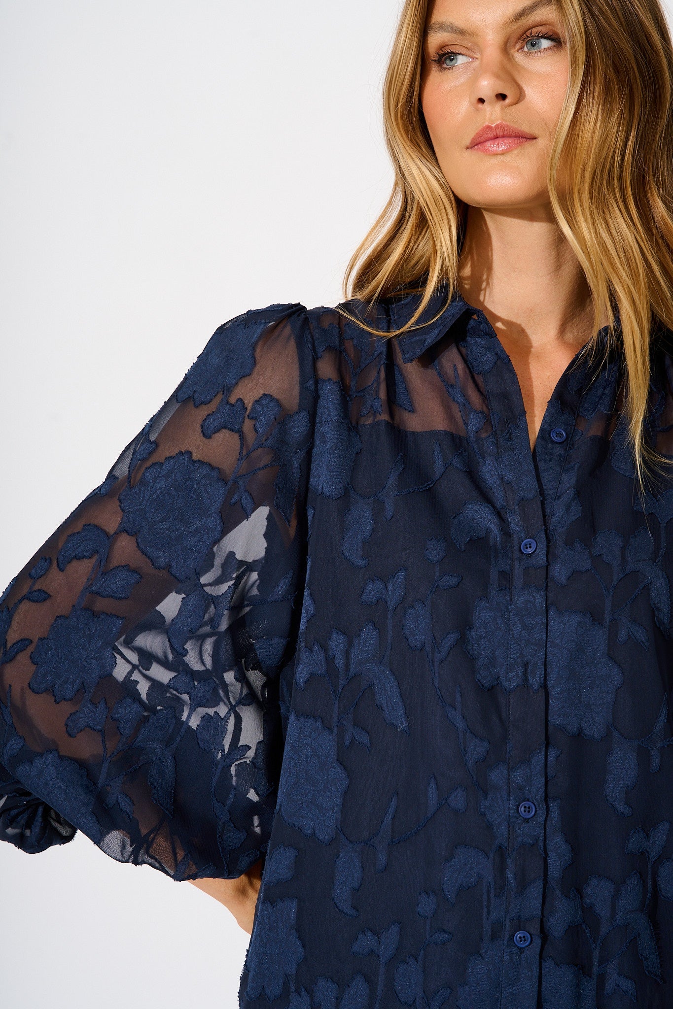 Celestial Shirt in Navy Floral Burnout Chiffon
