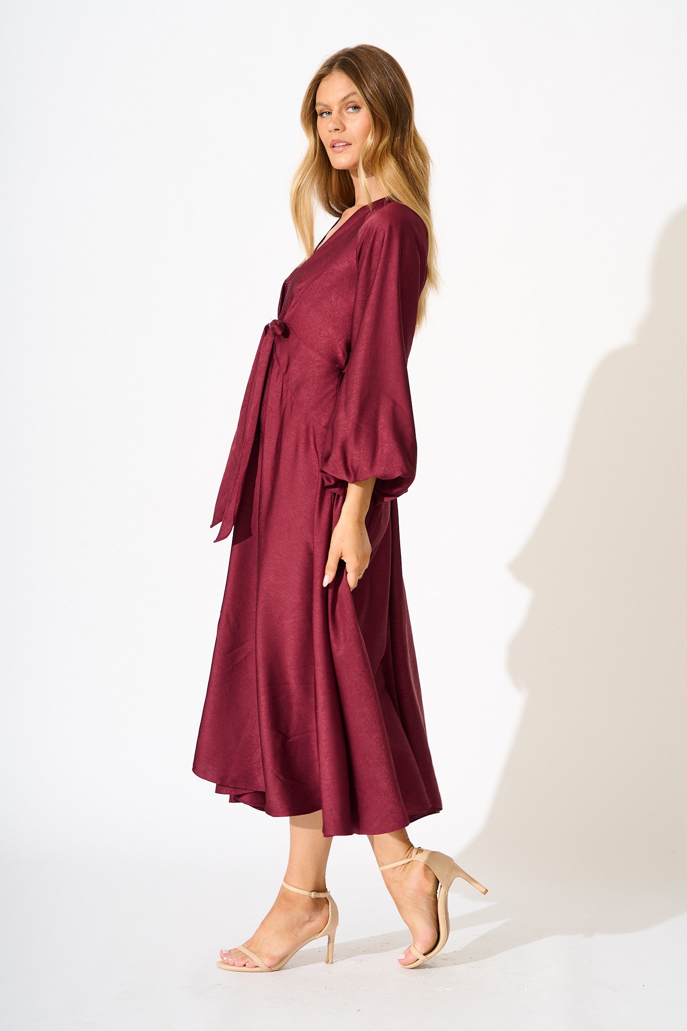 Veiled Illusion Maxi Dress in Wine Satin