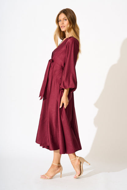Veiled Illusion Maxi Dress in Wine Satin