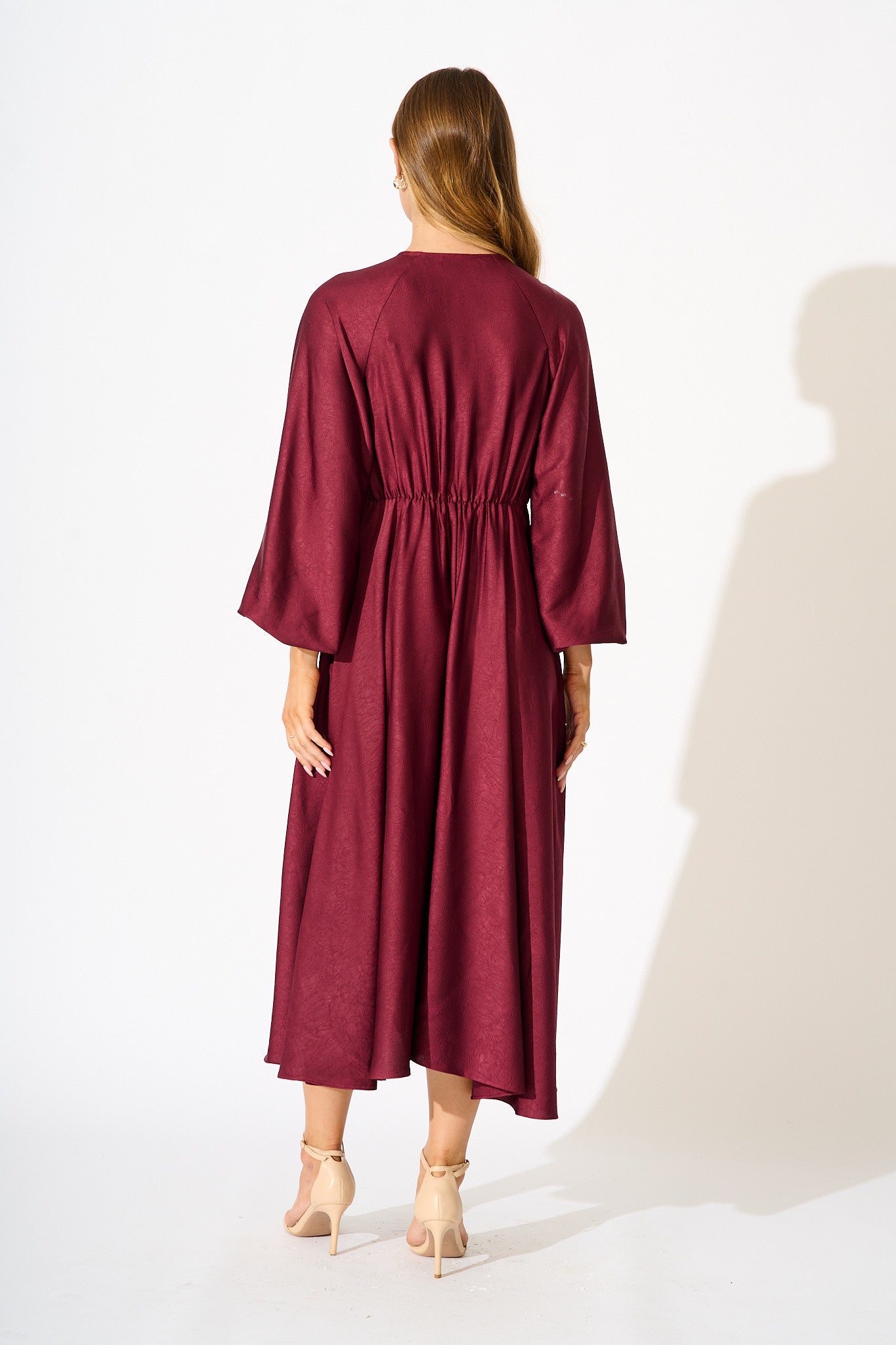 Veiled Illusion Maxi Dress in Wine Satin