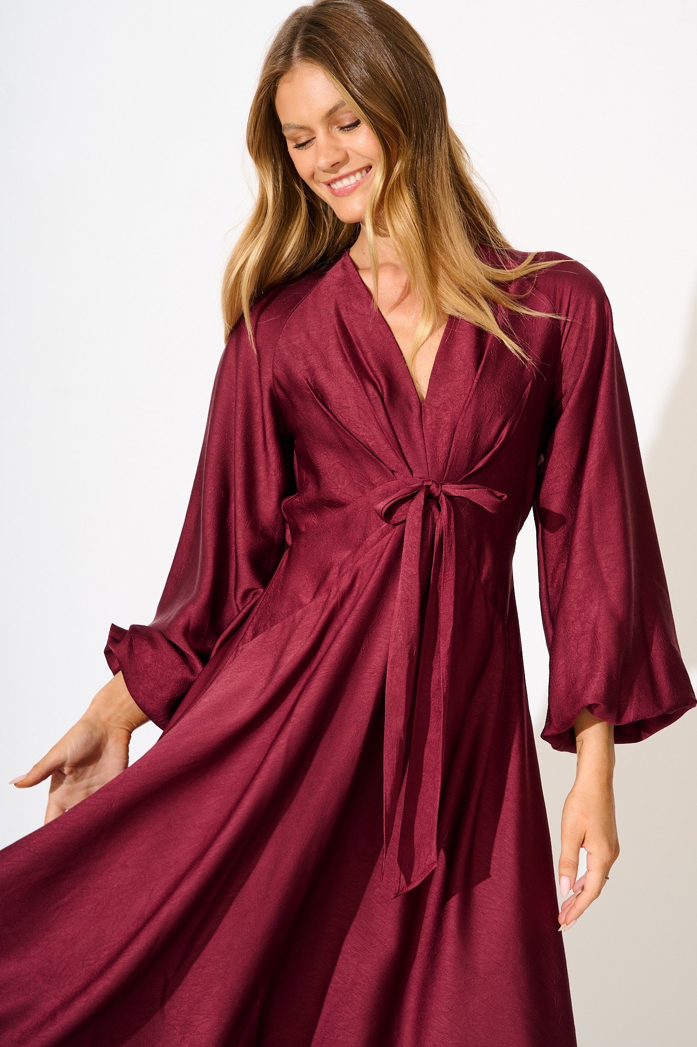 Veiled Illusion Maxi Dress in Wine Satin