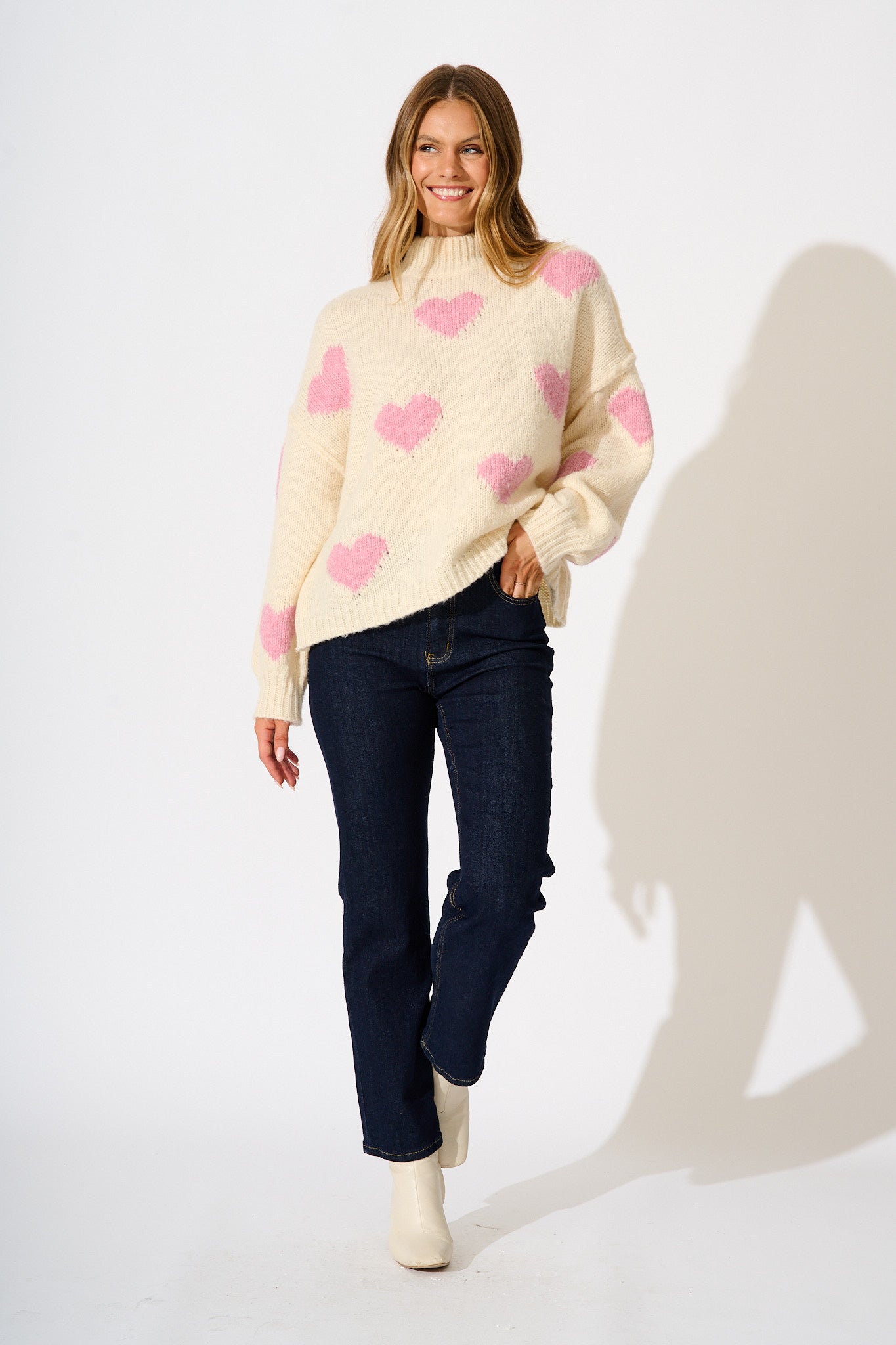 Lovey Intarsia Knit in Cream with Pink Heart
