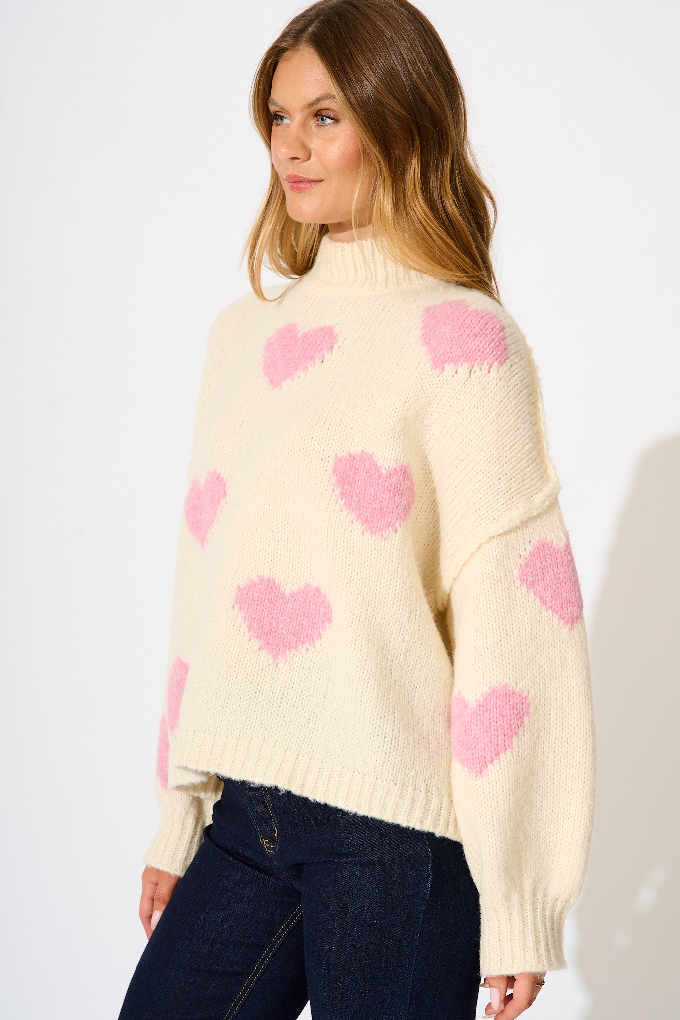 Lovey Intarsia Knit in Cream with Pink Heart