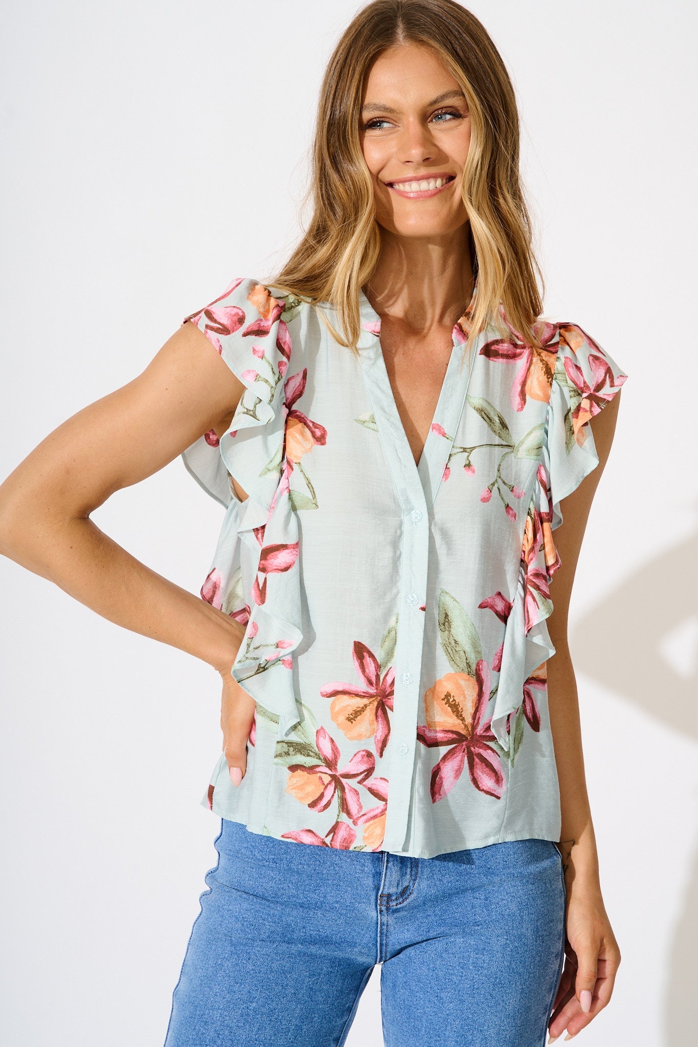 Hallie Top in Pale Blue with Pink Floral Print