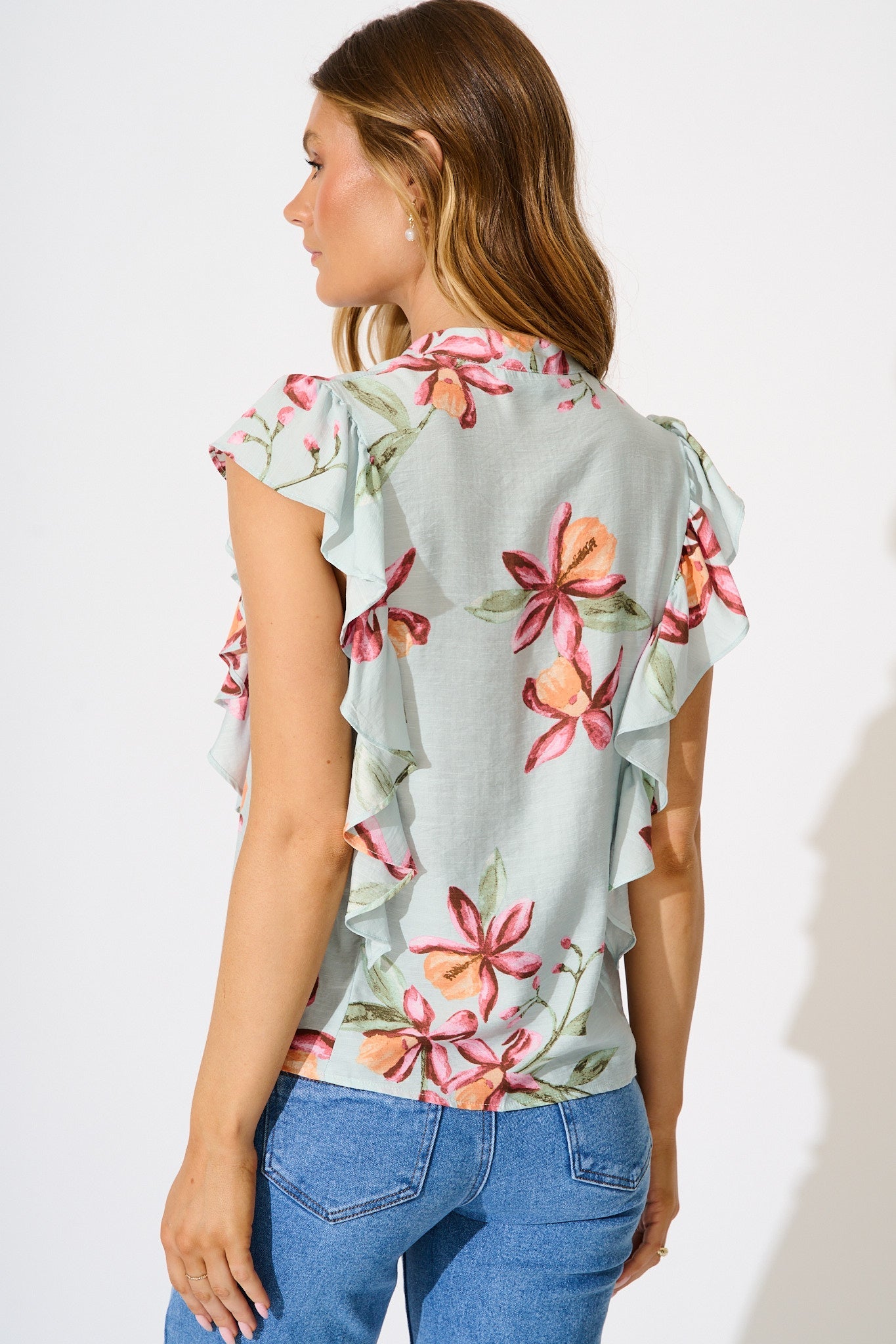 Hallie Top in Pale Blue with Pink Floral Print