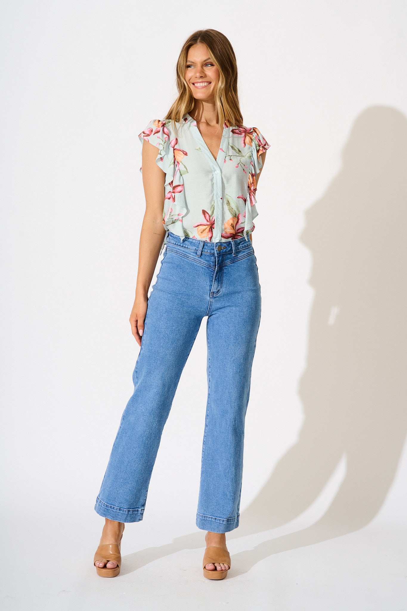 Hallie Top in Pale Blue with Pink Floral Print