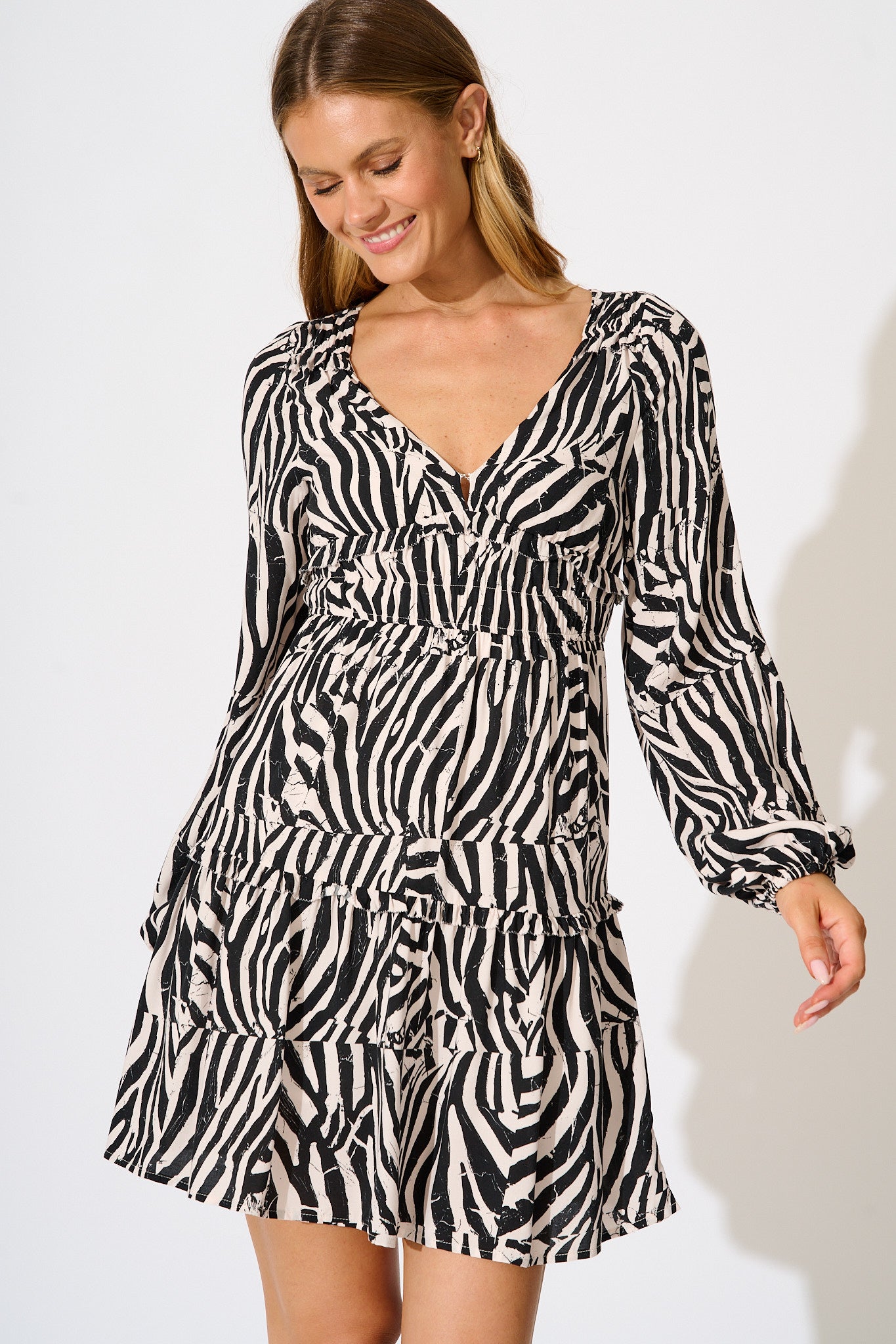 Trixie Dress in Black with Cream Print