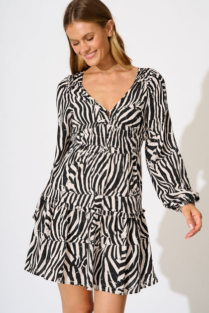 Trixie Dress in Black with Cream Print