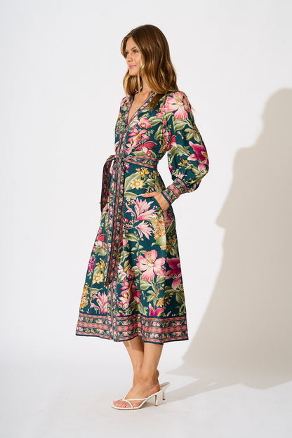Evelina Midi Dress in Green with Multi Floral