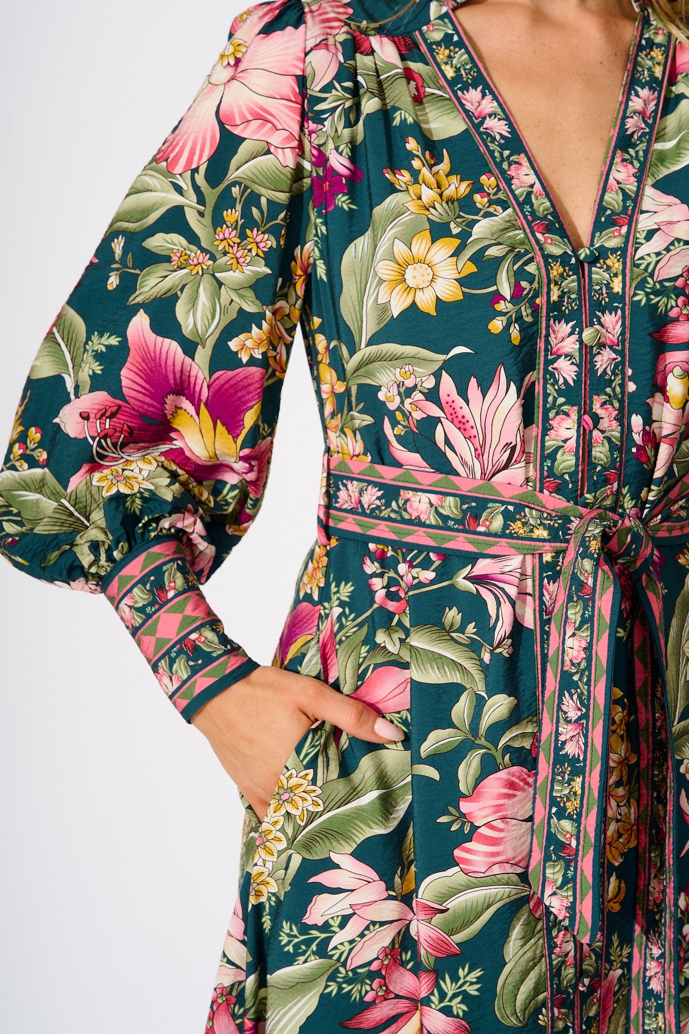 Evelina Midi Dress in Green with Multi Floral