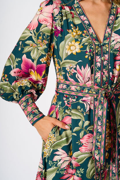 Evelina Midi Dress in Green with Multi Floral