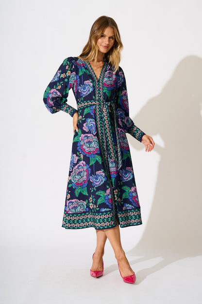 Evelina Midi Dress in Navy with Multi Floral