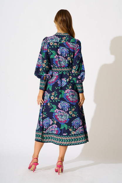 Evelina Midi Dress in Navy with Multi Floral
