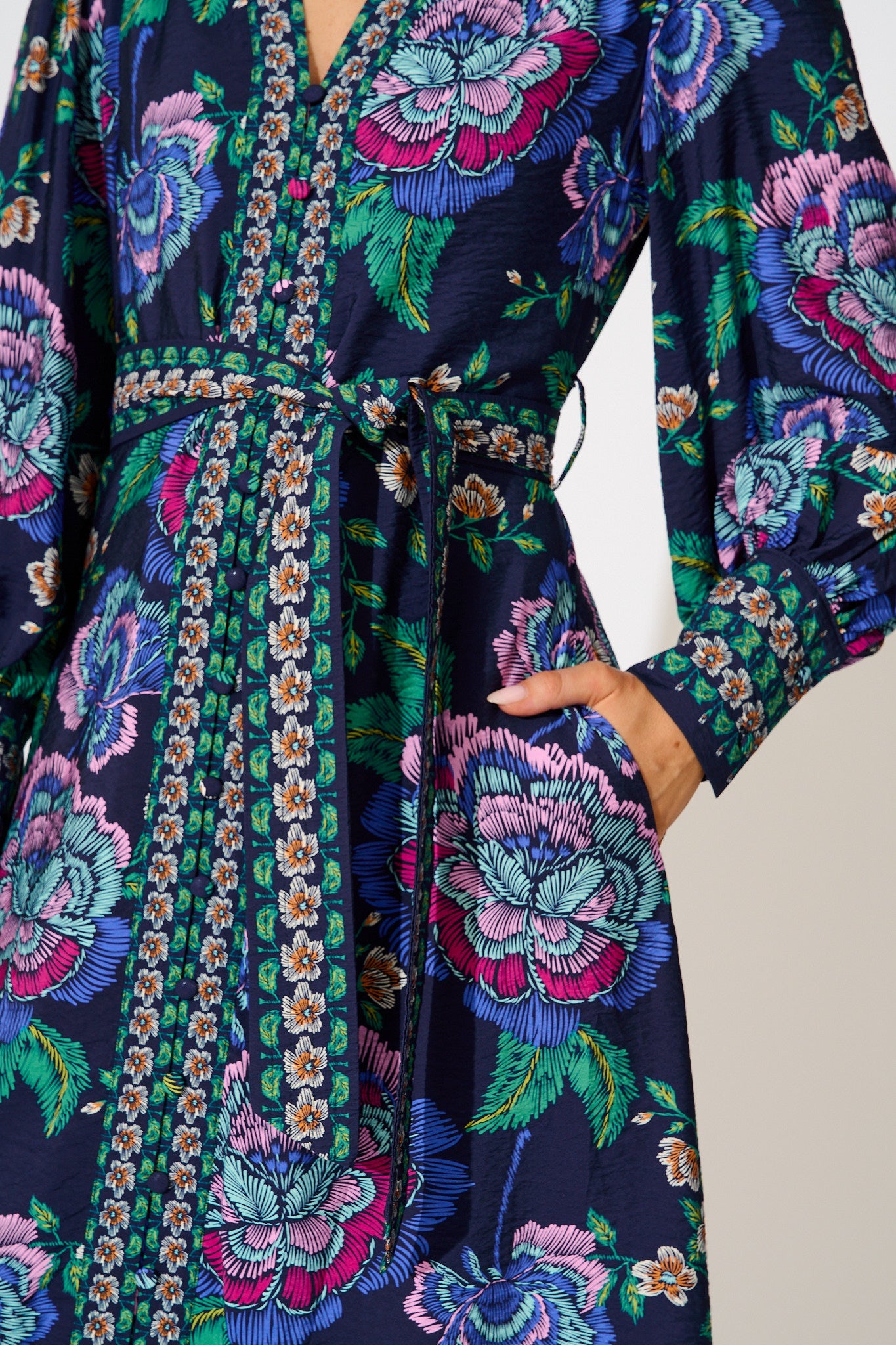 Evelina Midi Dress in Navy with Multi Floral