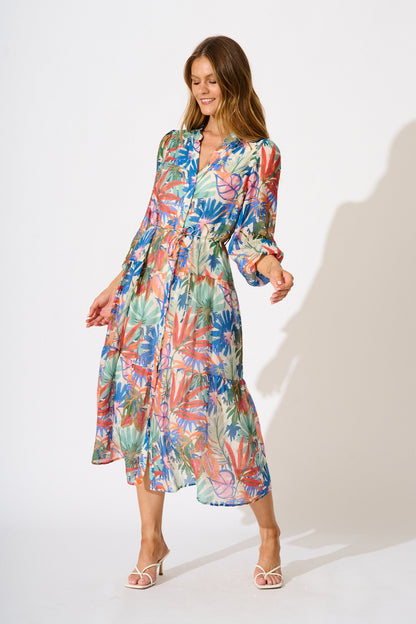 Sardinia Midi Dress in Multi Leaf Print