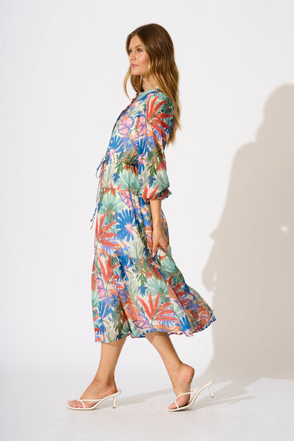 Sardinia Midi Dress in Multi Leaf Print