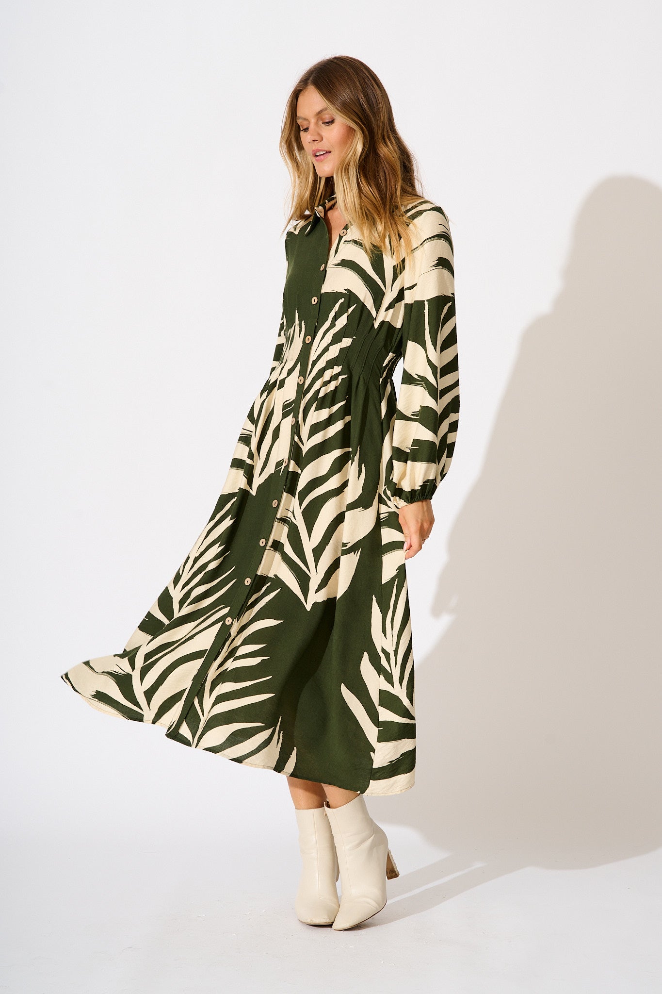 Dreamscape Midi Shirt Dress in Green and Cream Leaf Print