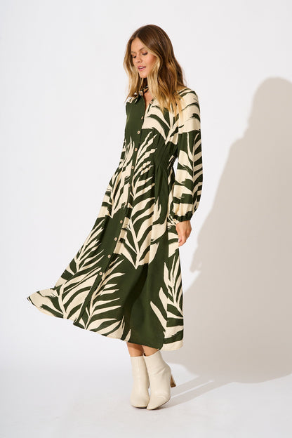 Dreamscape Midi Shirt Dress in Green and Cream Leaf Print
