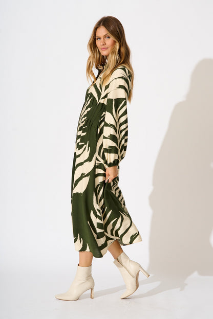 Dreamscape Midi Shirt Dress in Green and Cream Leaf Print