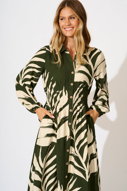 Dreamscape Midi Shirt Dress in Green and Cream Leaf Print