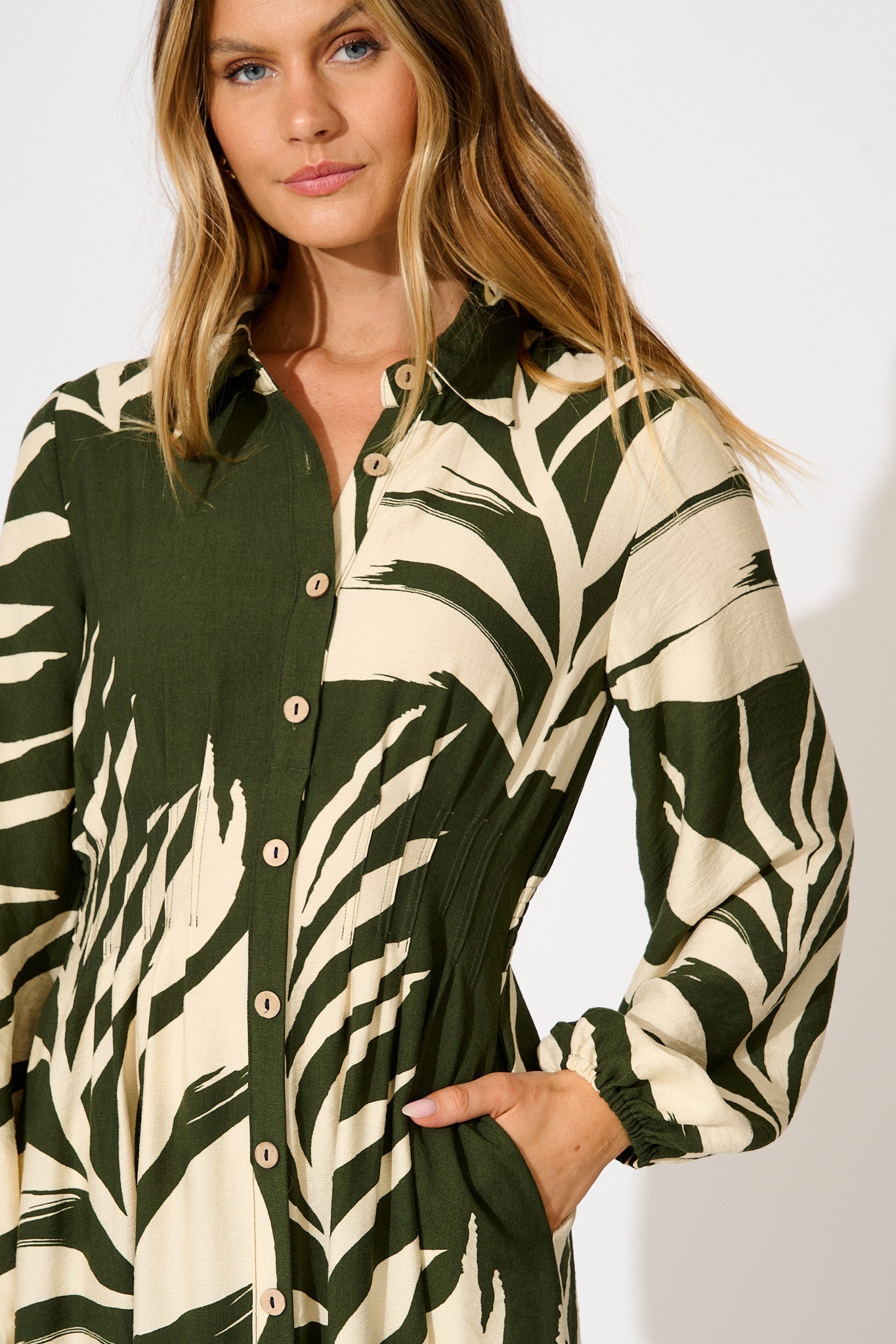 Dreamscape Midi Shirt Dress in Green and Cream Leaf Print