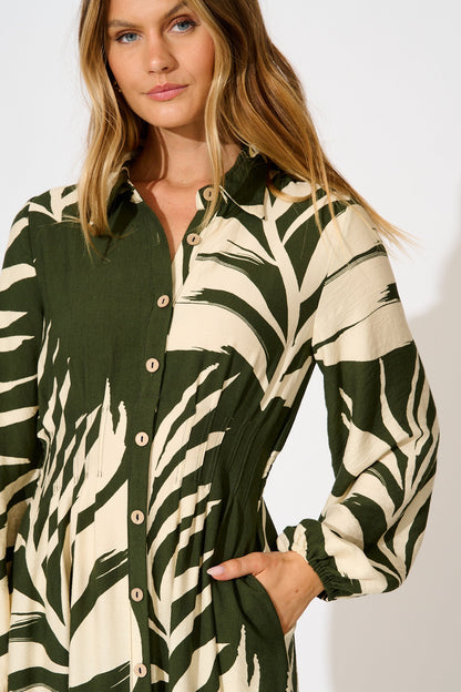Dreamscape Midi Shirt Dress in Green and Cream Leaf Print