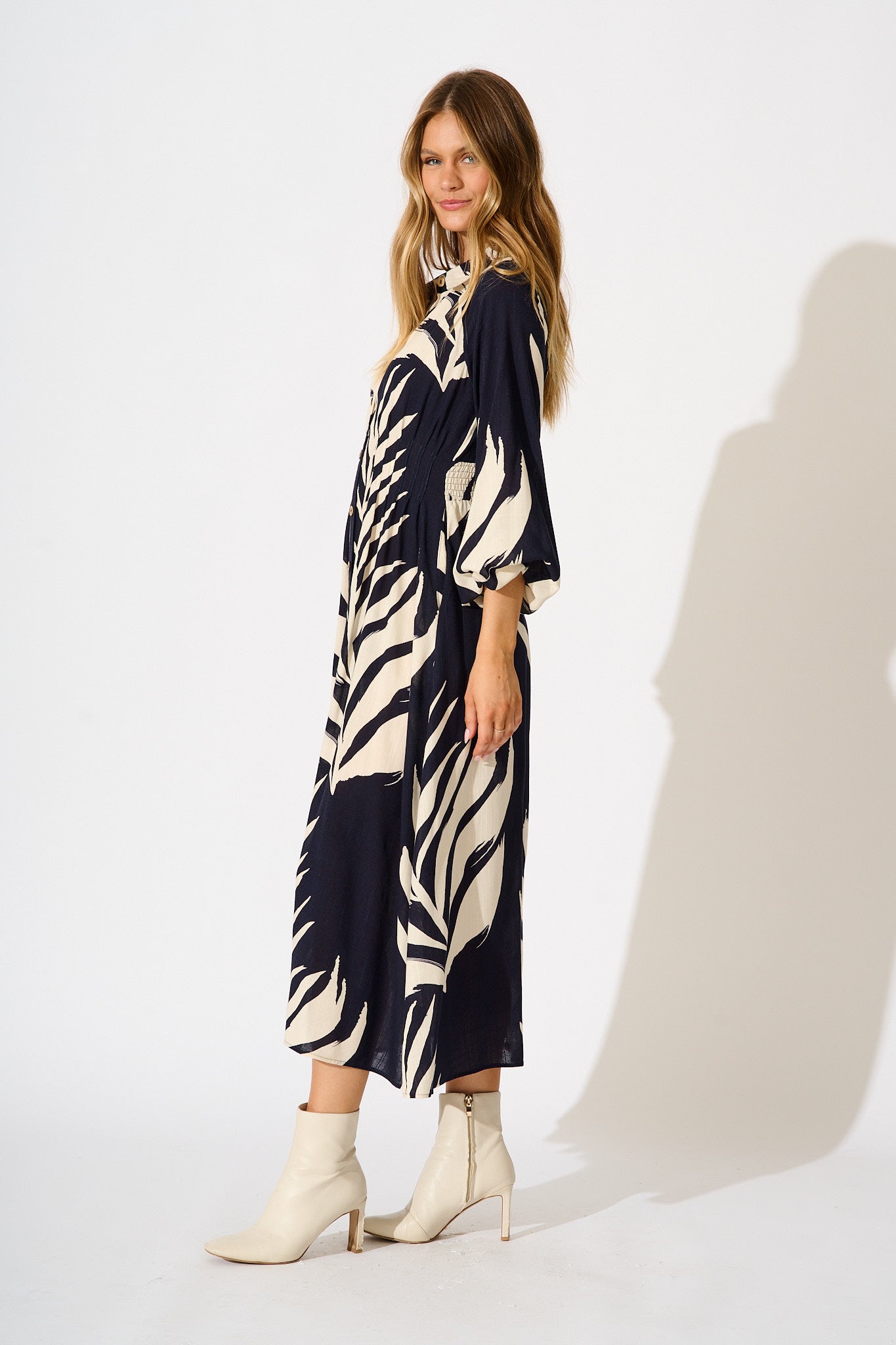 Dreamscape Midi Shirt Dress in Navy and Cream Print