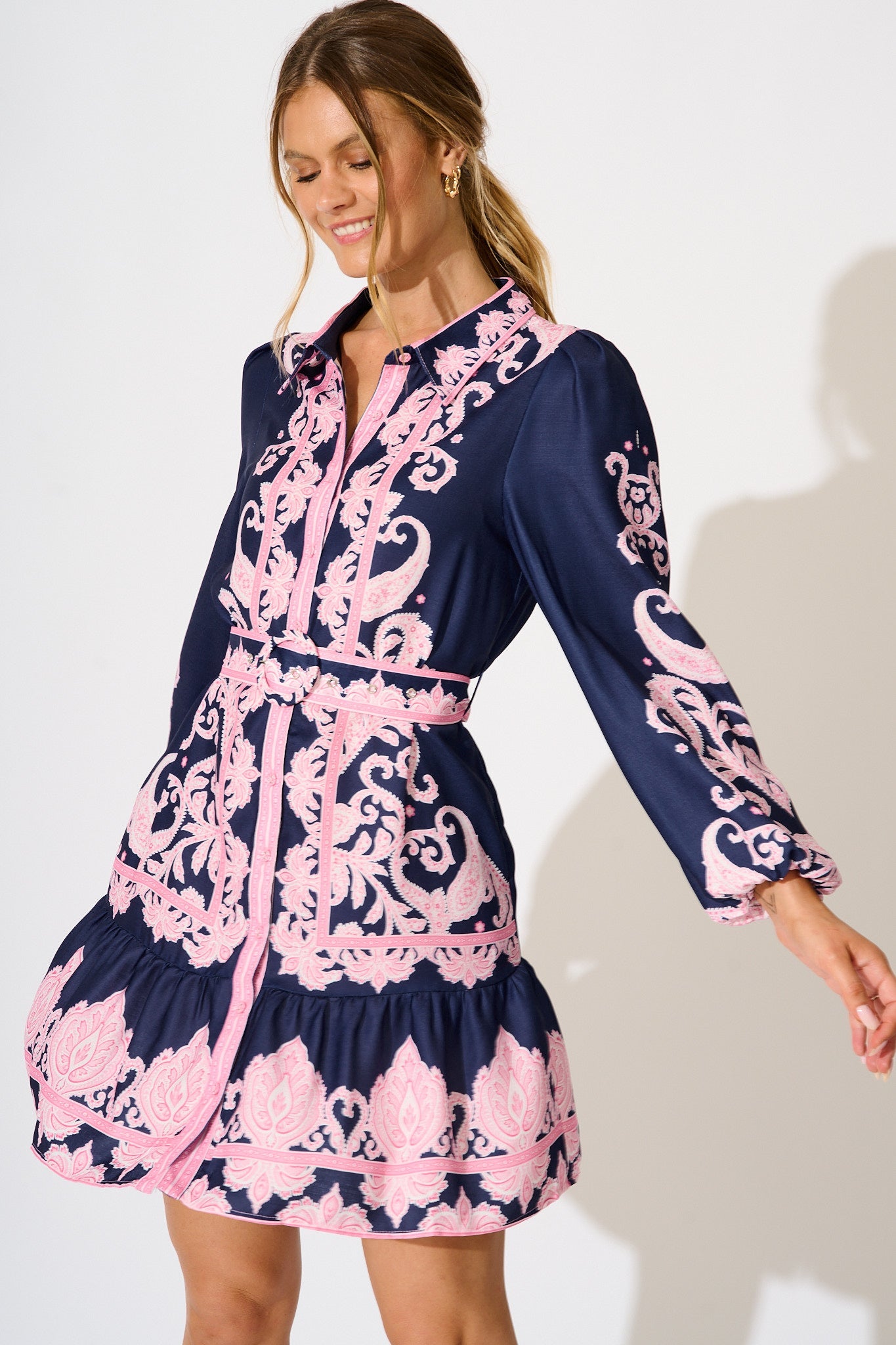 Flirtini Shirt Dress in Navy with Pink Placement Print