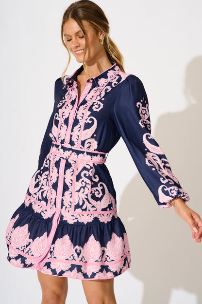 Flirtini Shirt Dress in Navy with Pink Placement Print