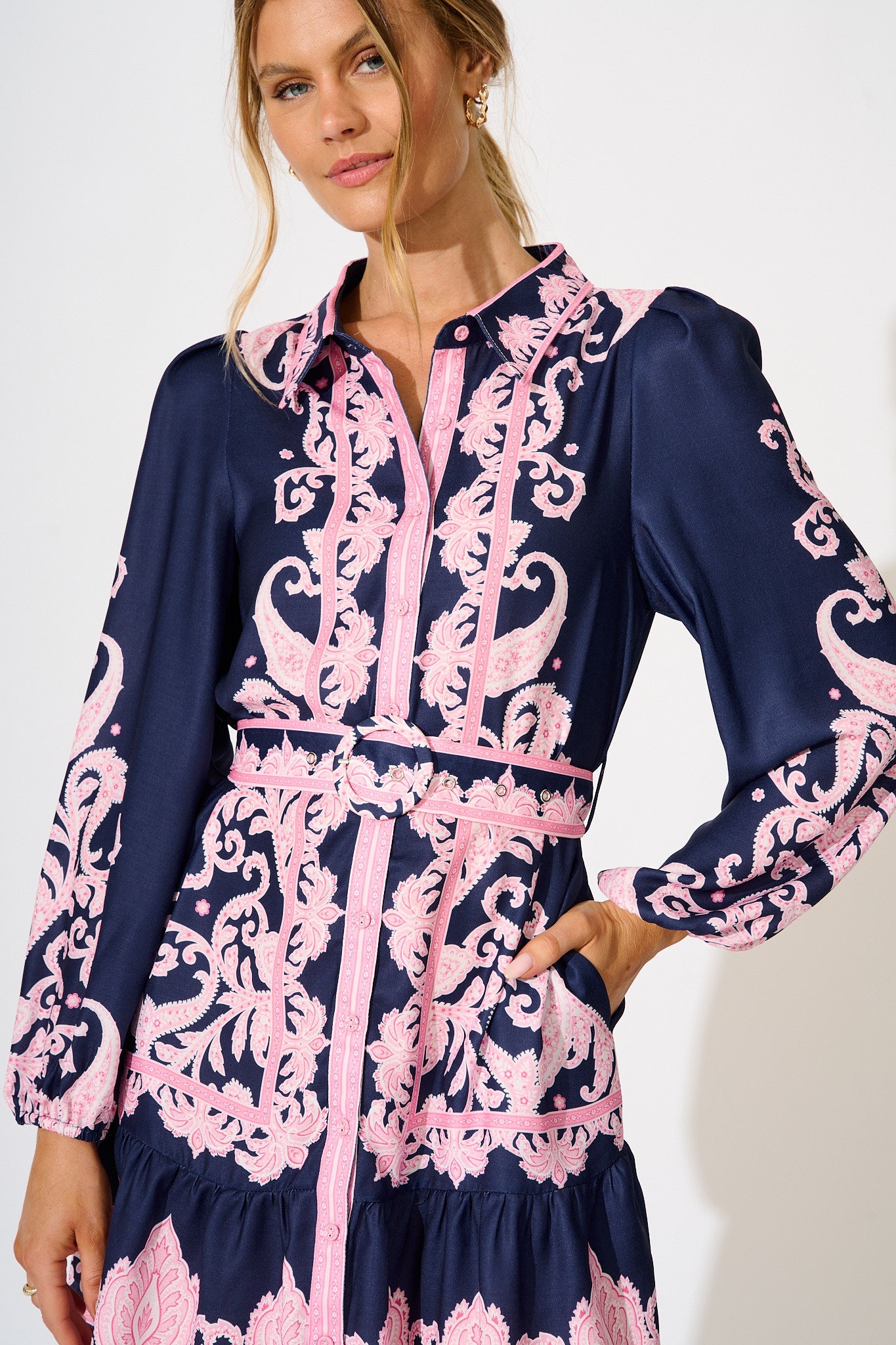Flirtini Shirt Dress in Navy with Pink Placement Print