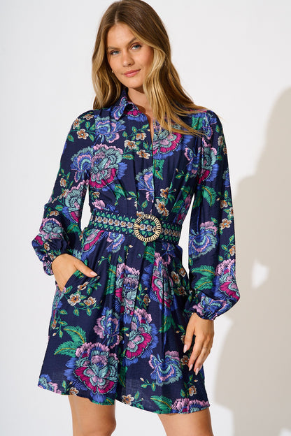 Charlene Shirt Dress in Navy with Multi Floral