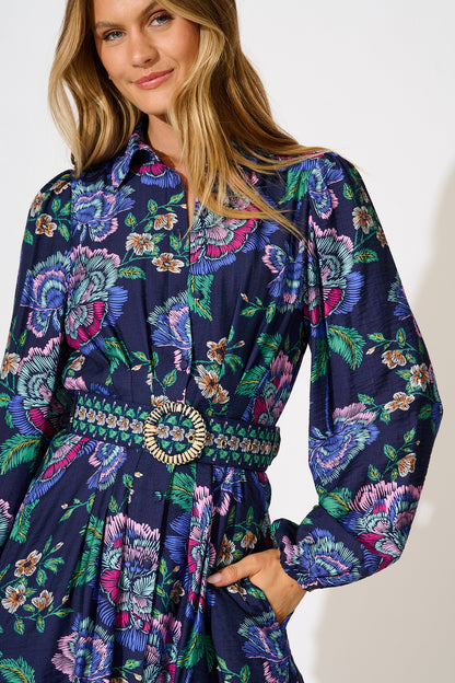 Charlene Shirt Dress in Navy with Multi Floral