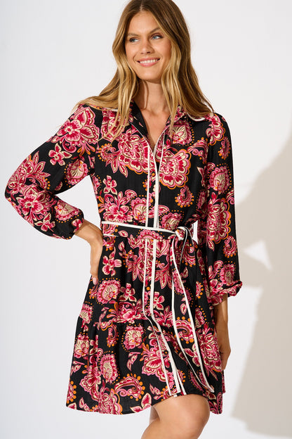 Hillary Shirt Dress in Black and Red with Contrast Trim