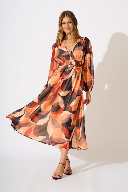 Vista Midi Dress in Tangerine Multi Leaf Print Chiffon