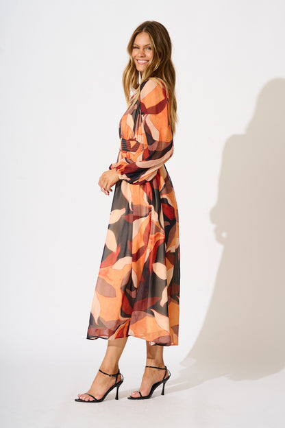 Vista Midi Dress in Tangerine Multi Leaf Print Chiffon