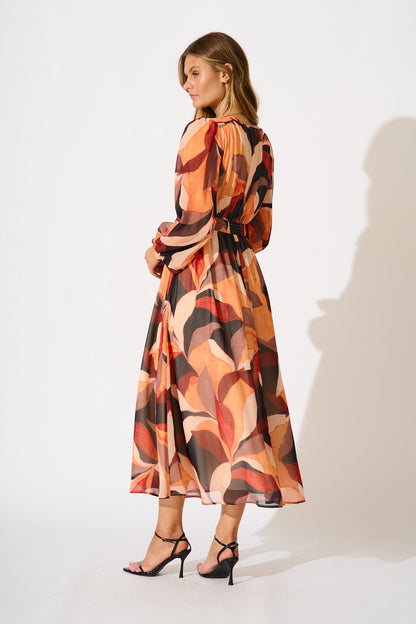 Vista Midi Dress in Tangerine Multi Leaf Print Chiffon