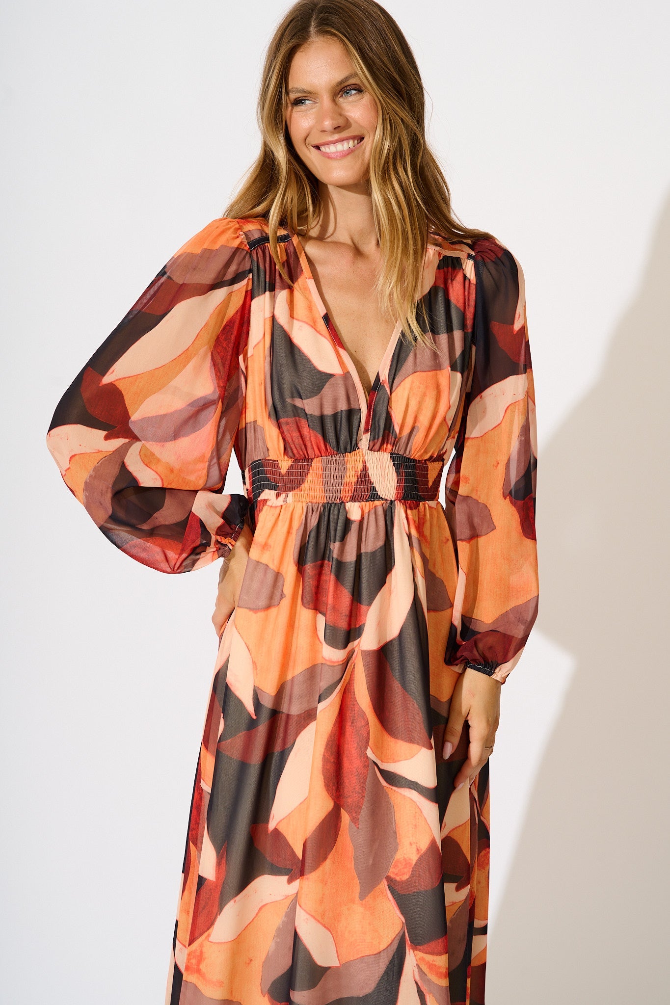 Vista Midi Dress in Tangerine Multi Leaf Print Chiffon