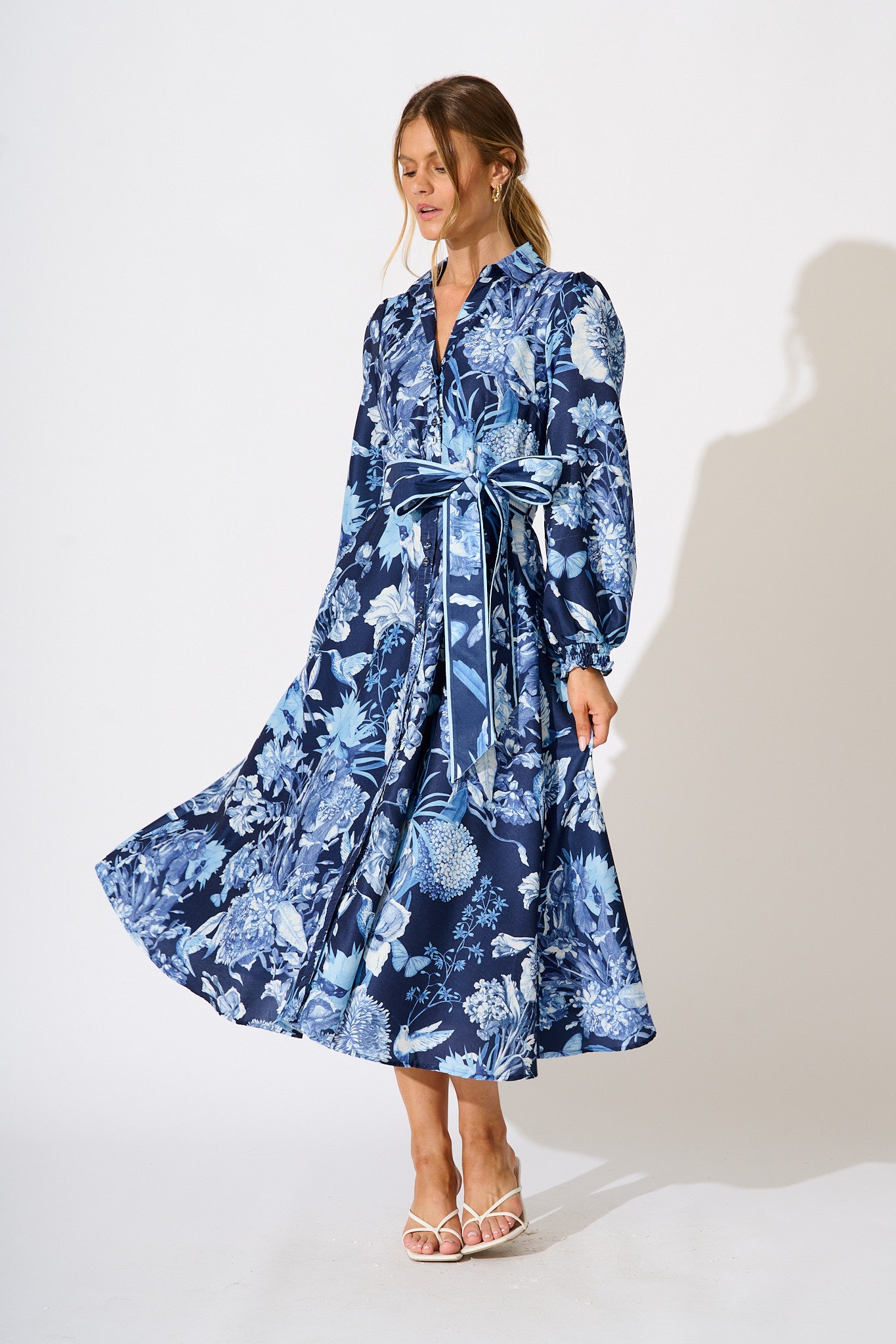 Enchanted Wave Maxi Shirt Dress in Navy with Blue Floral Linen Blend